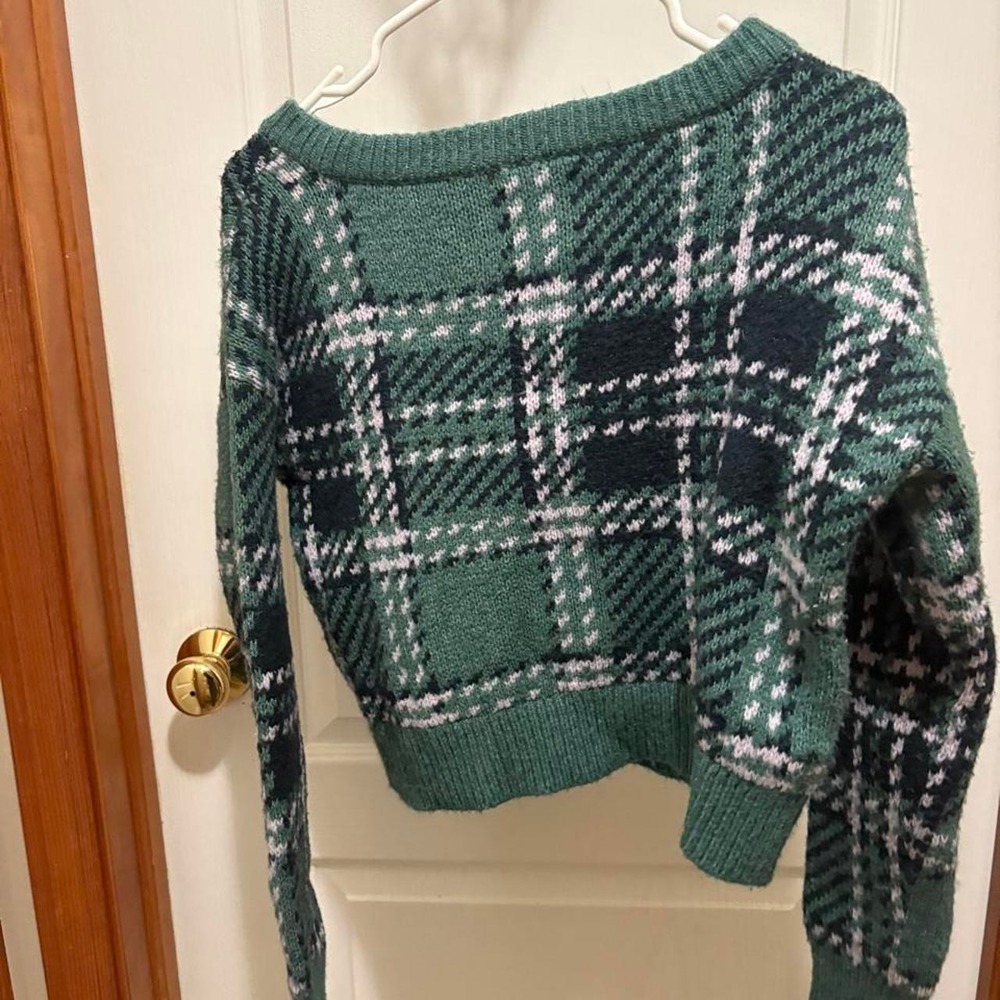Abercrombie & Fitch Green‎ Plaid Cropped Sweater XS Long Sleeve Knit Crew Neck - Picture 3 of 4